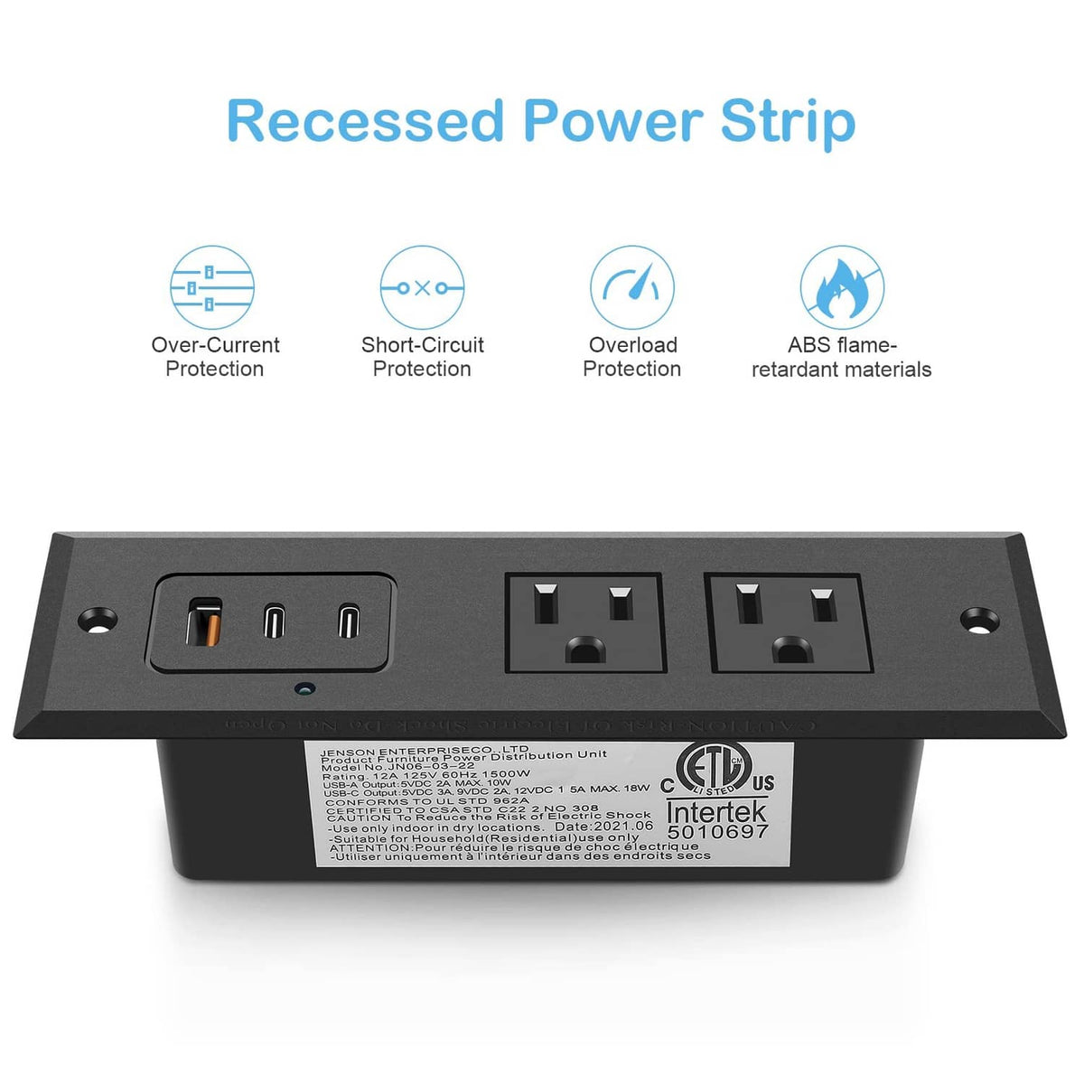 Recessed power strip with two AC outlets and four USB ports, black front panel