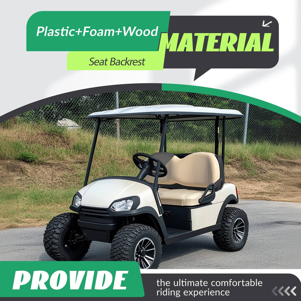 Golf cart with beige seat backrest cushion installed on front seat