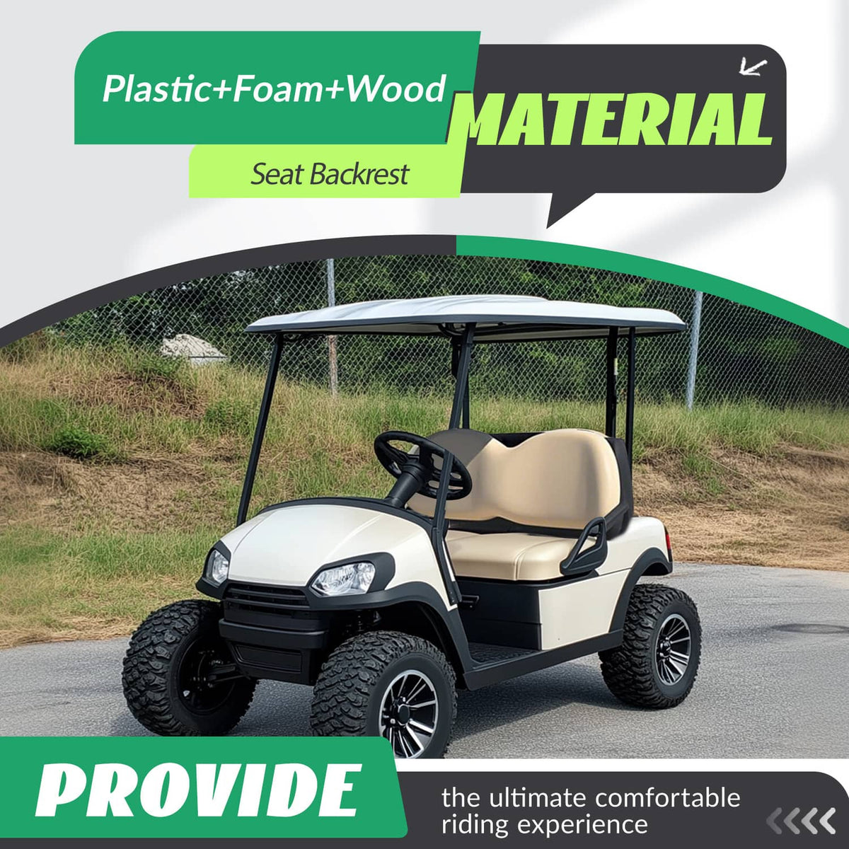 Golf cart with beige seat backrest cushion installed on front seat