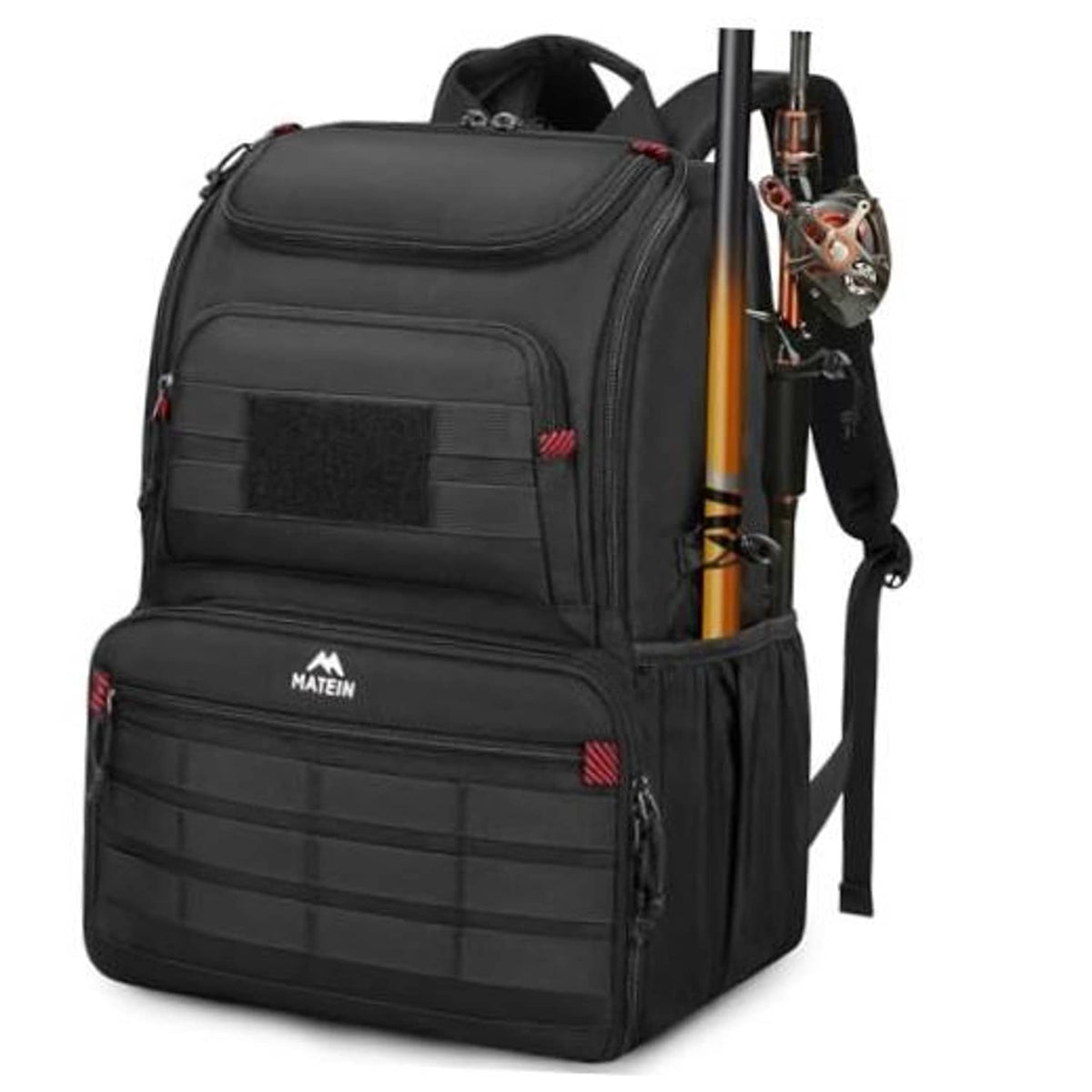 Black fishing tackle backpack with front pockets, large cooler area, and rod holder.