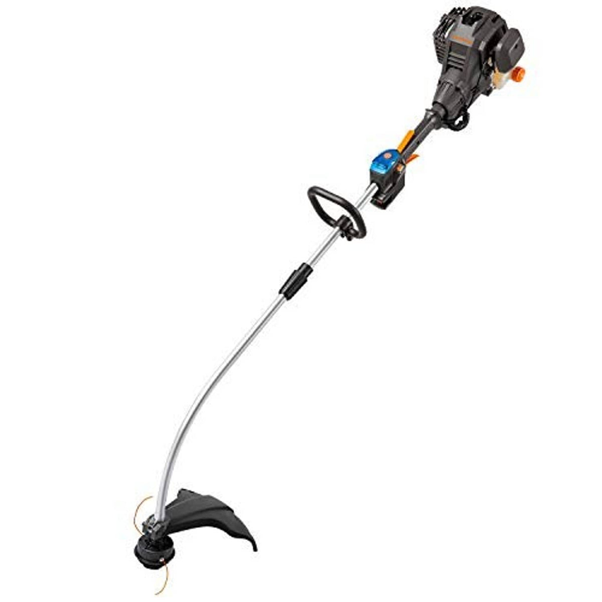 Curved-shaft gas string trimmer with engine housing and front debris guard