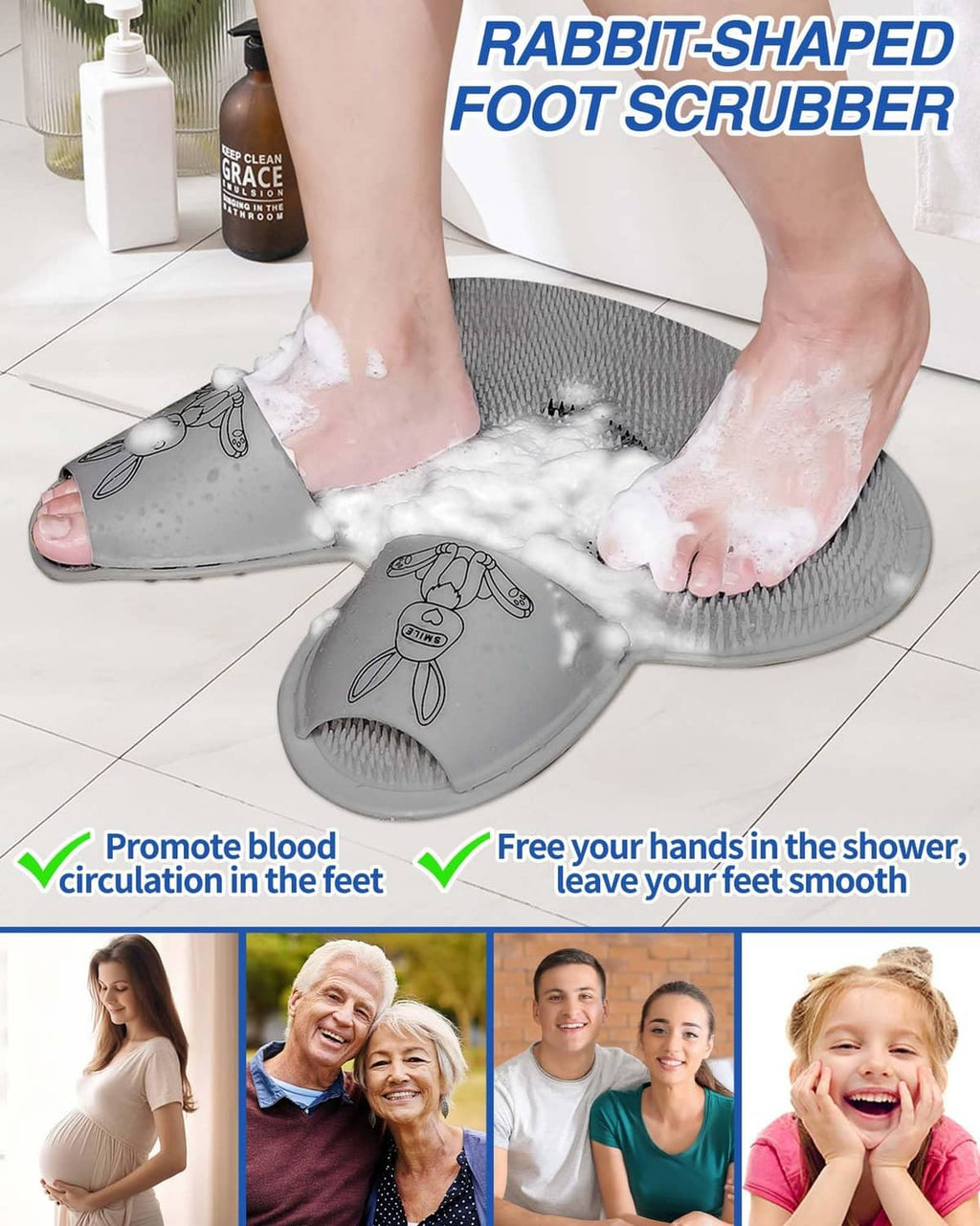 Gray rabbit-shaped foot scrubber mat used under feet with soapy foam, textured surface