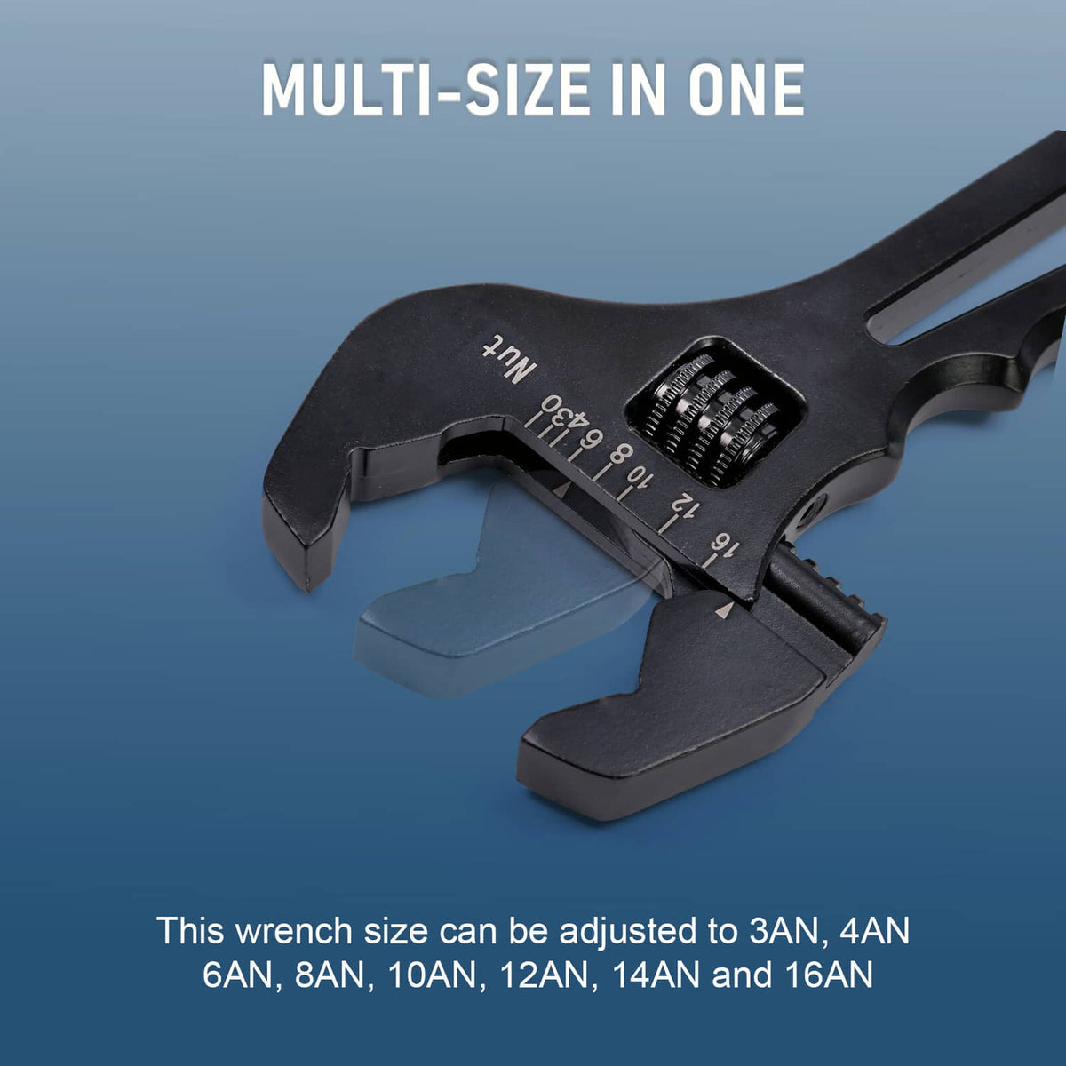 Black adjustable wrench spanner close-up of engraved scale and serrated knob