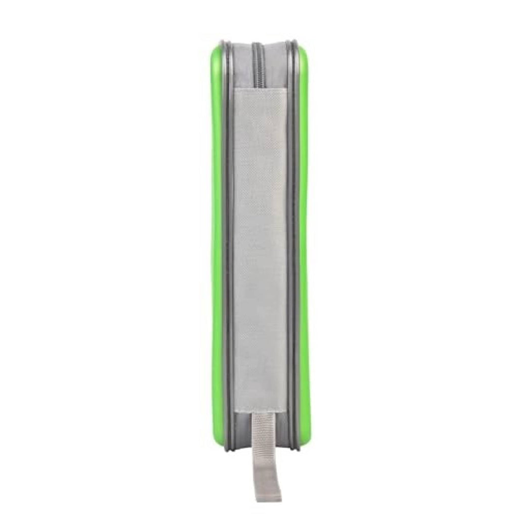 Back view of green CD/DVD case with gray fabric strap and elastic disc holders