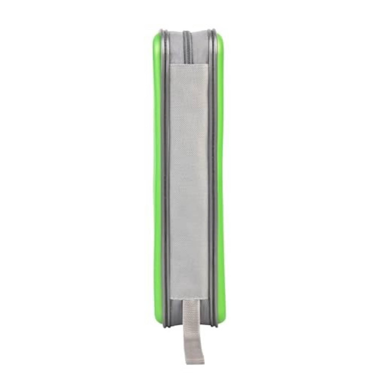 Back view of green CD/DVD case with gray fabric strap and elastic disc holders