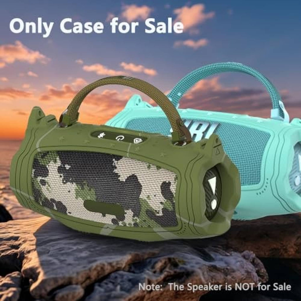 Camouflage silicone speaker case with carry handle and shoulder strap