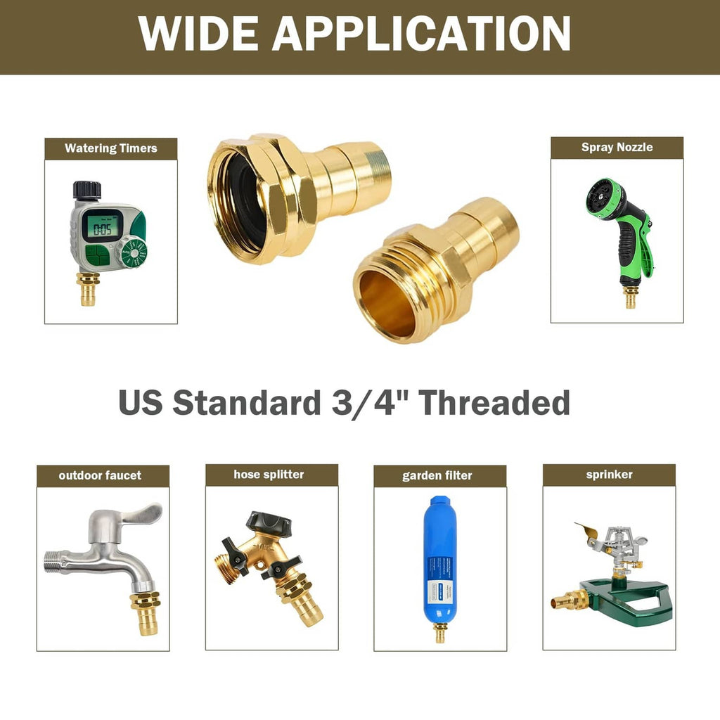 Garden hose repair kit adapters with gold threaded couplings and open hose connector ends