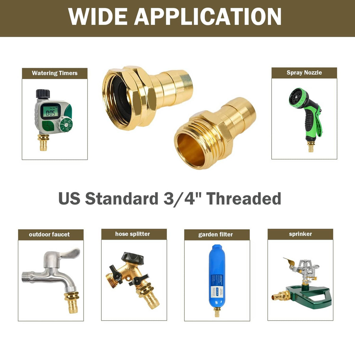 Garden hose repair kit adapters with gold threaded couplings and open hose connector ends