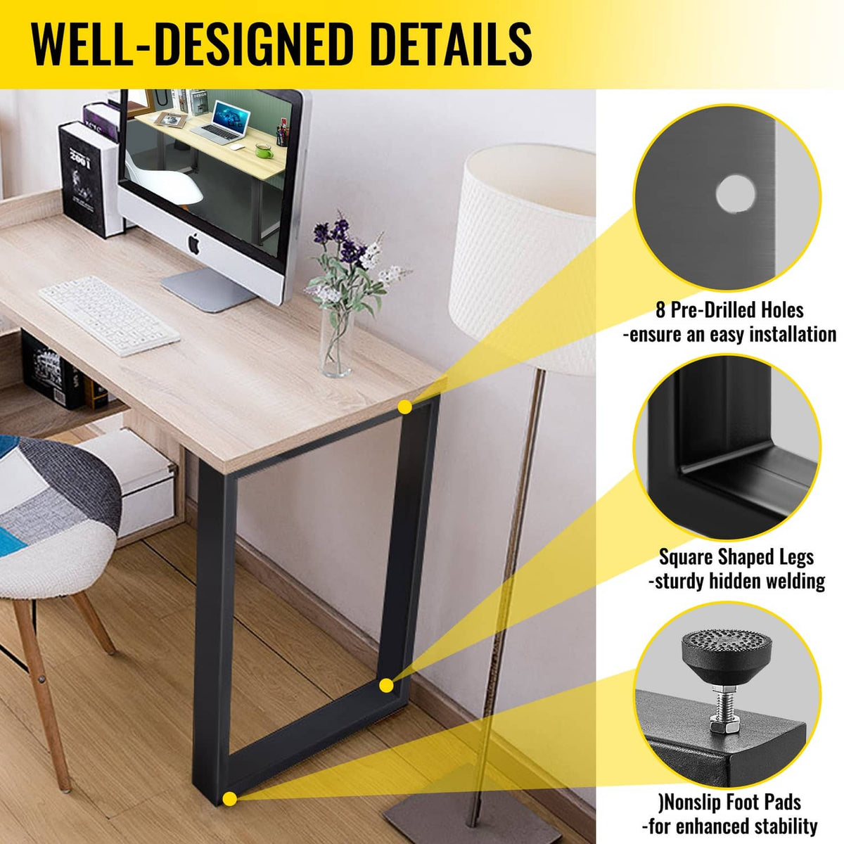 Black metal table legs frame with non-slip foot pads and square crossbar shape