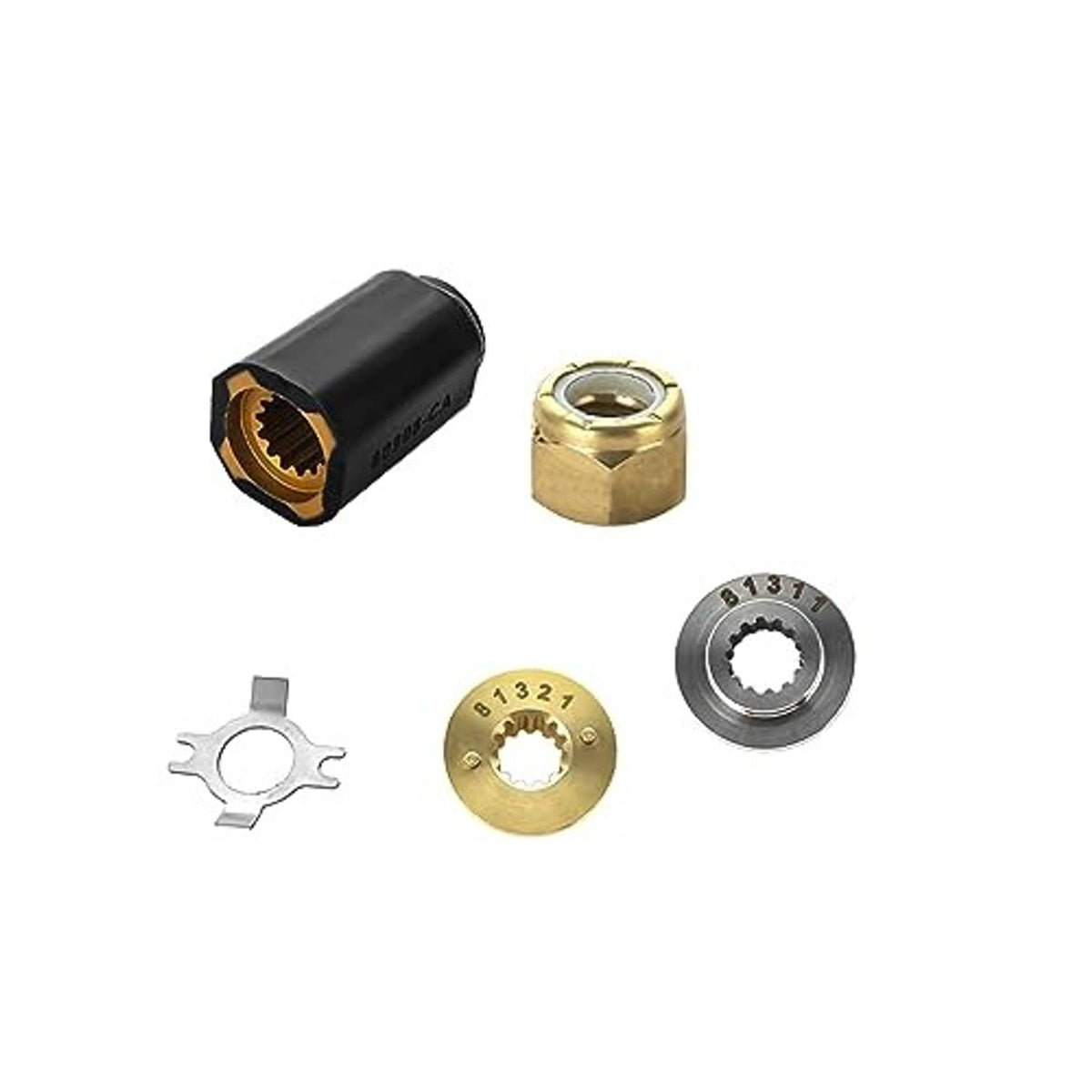 Propeller hub kit with black hub, brass nut, steel sprocket, and star-shaped retainer