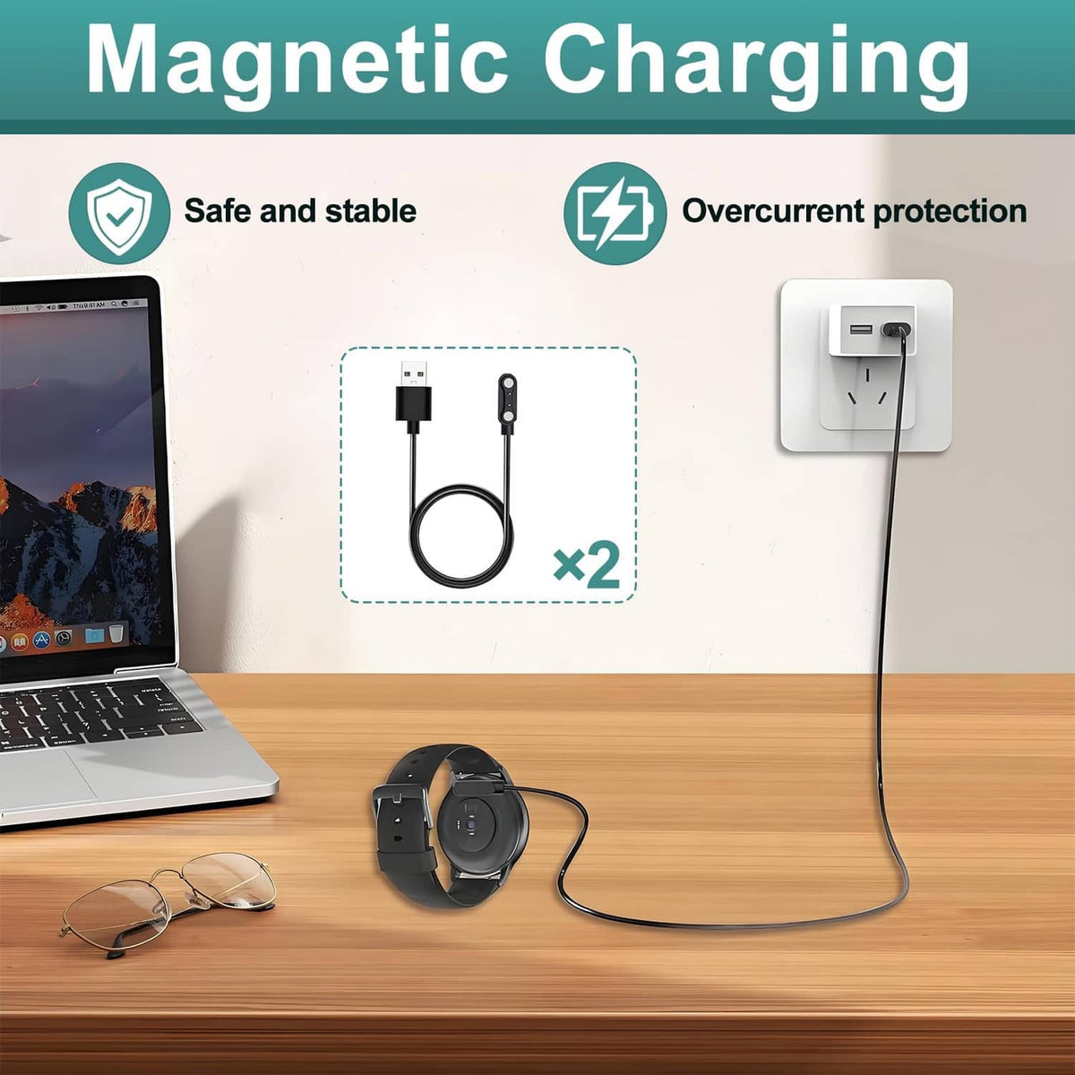 Two USB-A magnetic smartwatch chargers with 2-pin 4mm connector cables