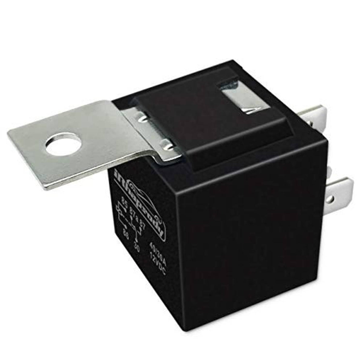 Single black SPDT relay with metal mounting tab, close-up front view