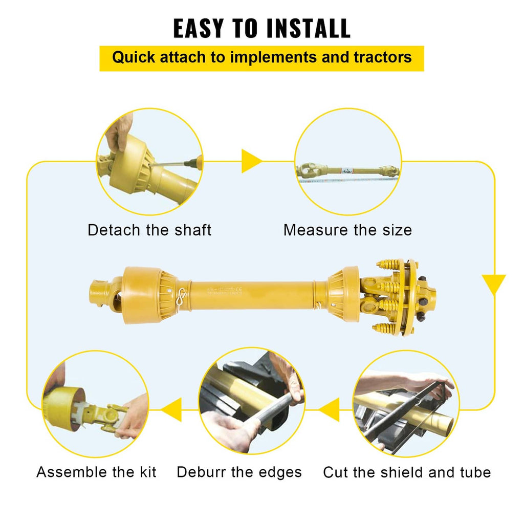 Yellow PTO drive shaft with slip clutch and chain guard, shown ready for installation