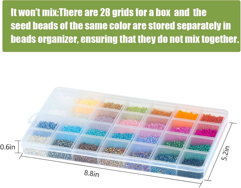 Clear organizer box with separate grids for sorting 2mm glass seed beads