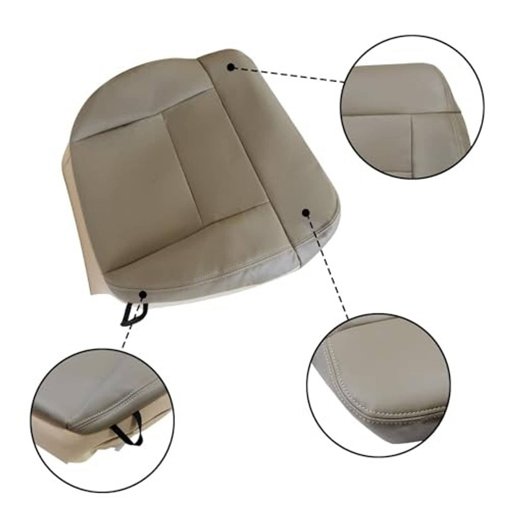 Tan leather seat cover with visible stitching, corner seams, and bottom strap loops