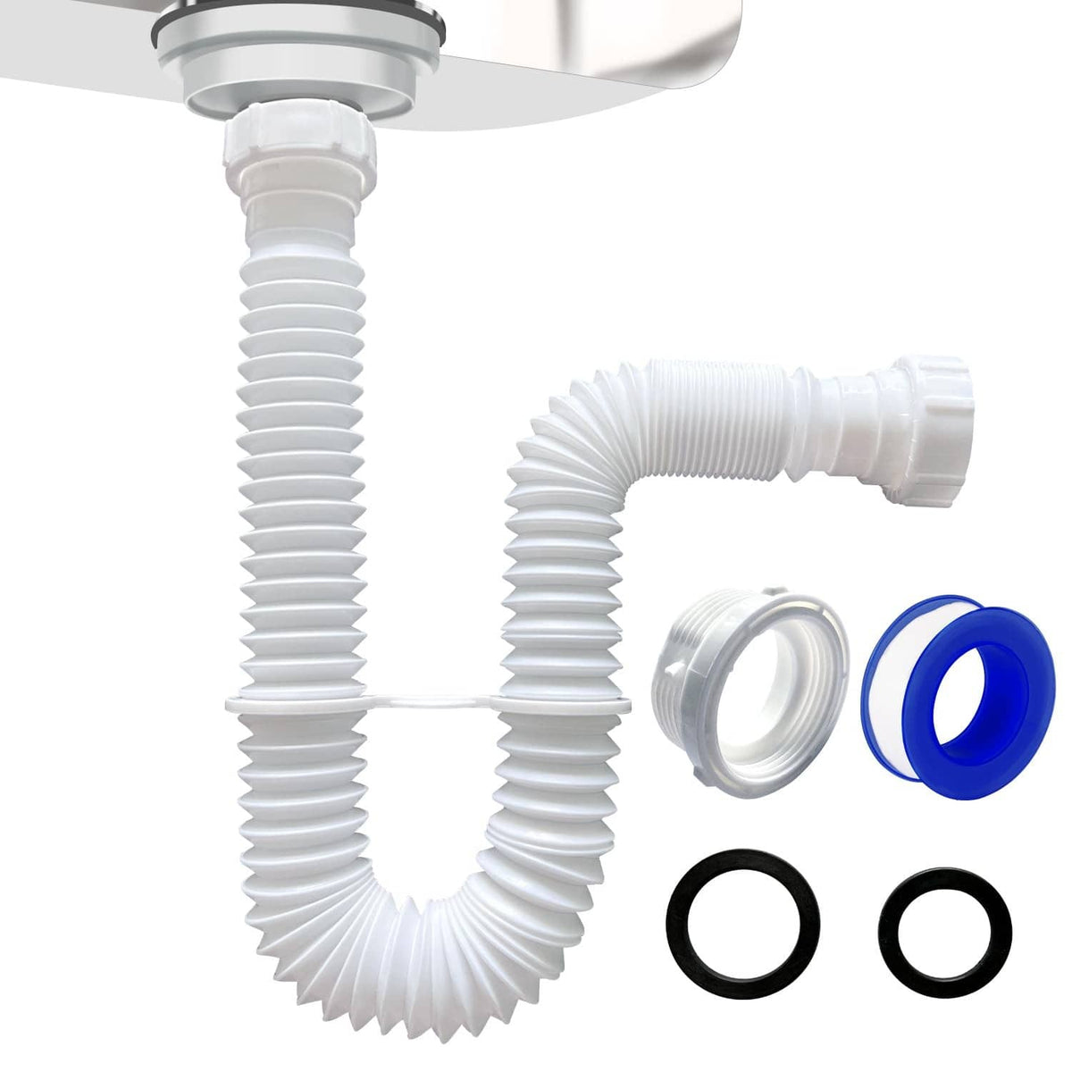 Flexible white sink drain P-trap pipe with curved corrugated sections and threaded adapter