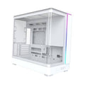 White micro-ATX PC case with curved panoramic glass side panel, front open interior