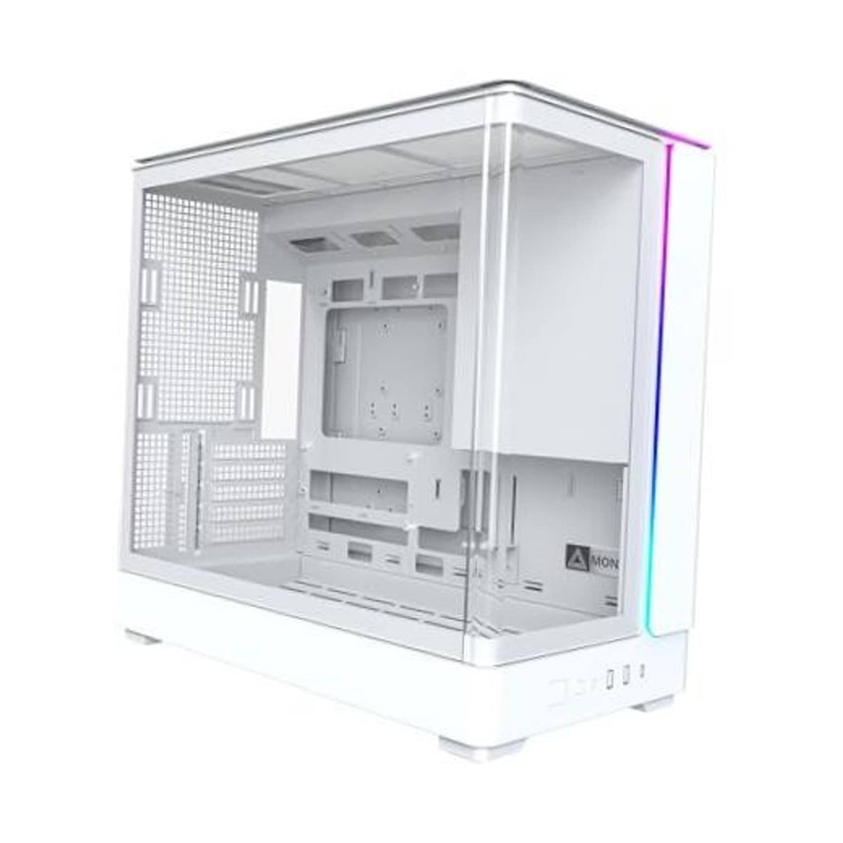 White micro-ATX PC case with curved panoramic glass side panel, front open interior