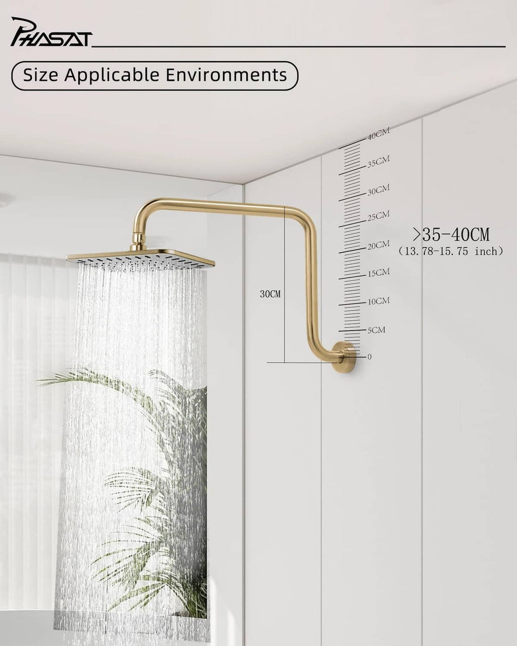 Brushed gold high-rise shower arm extending about 30 cm from wall