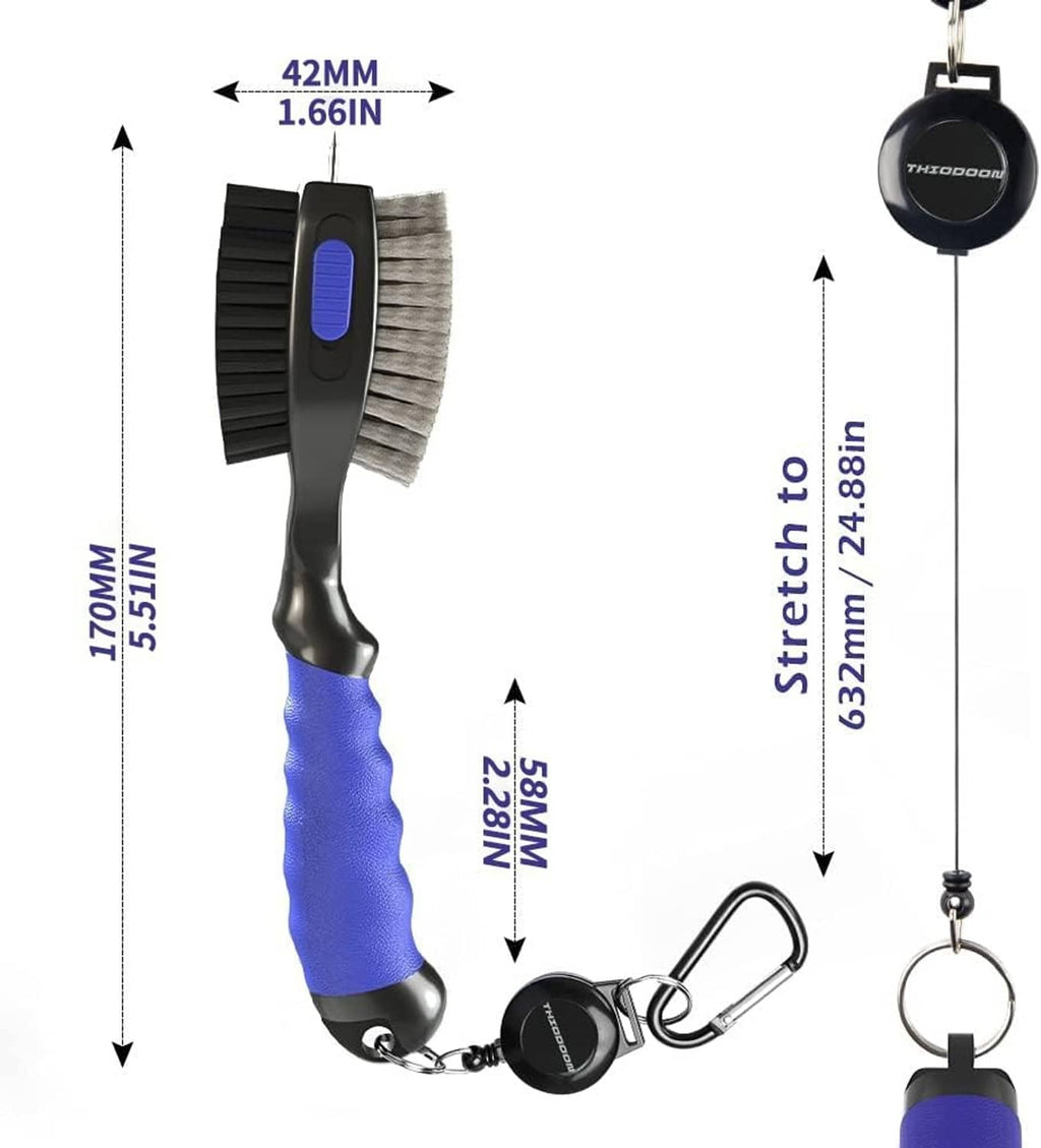 Golf club brush set with retractable groove cleaner keychain, black and blue