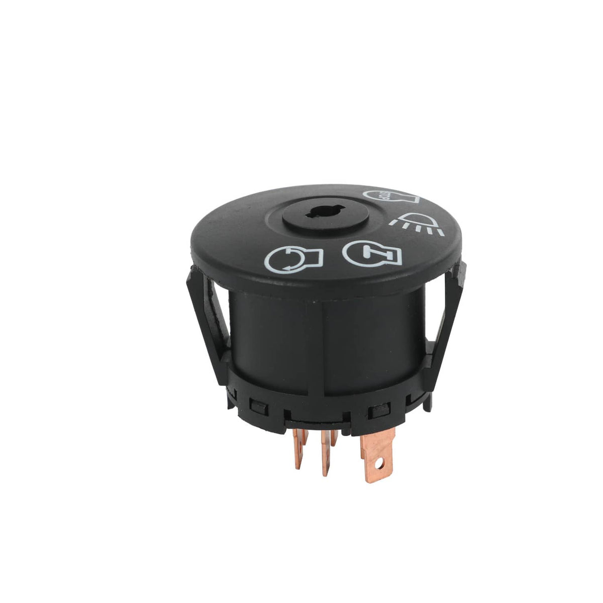Ignition starter switch with black round cap and exposed copper terminal pins
