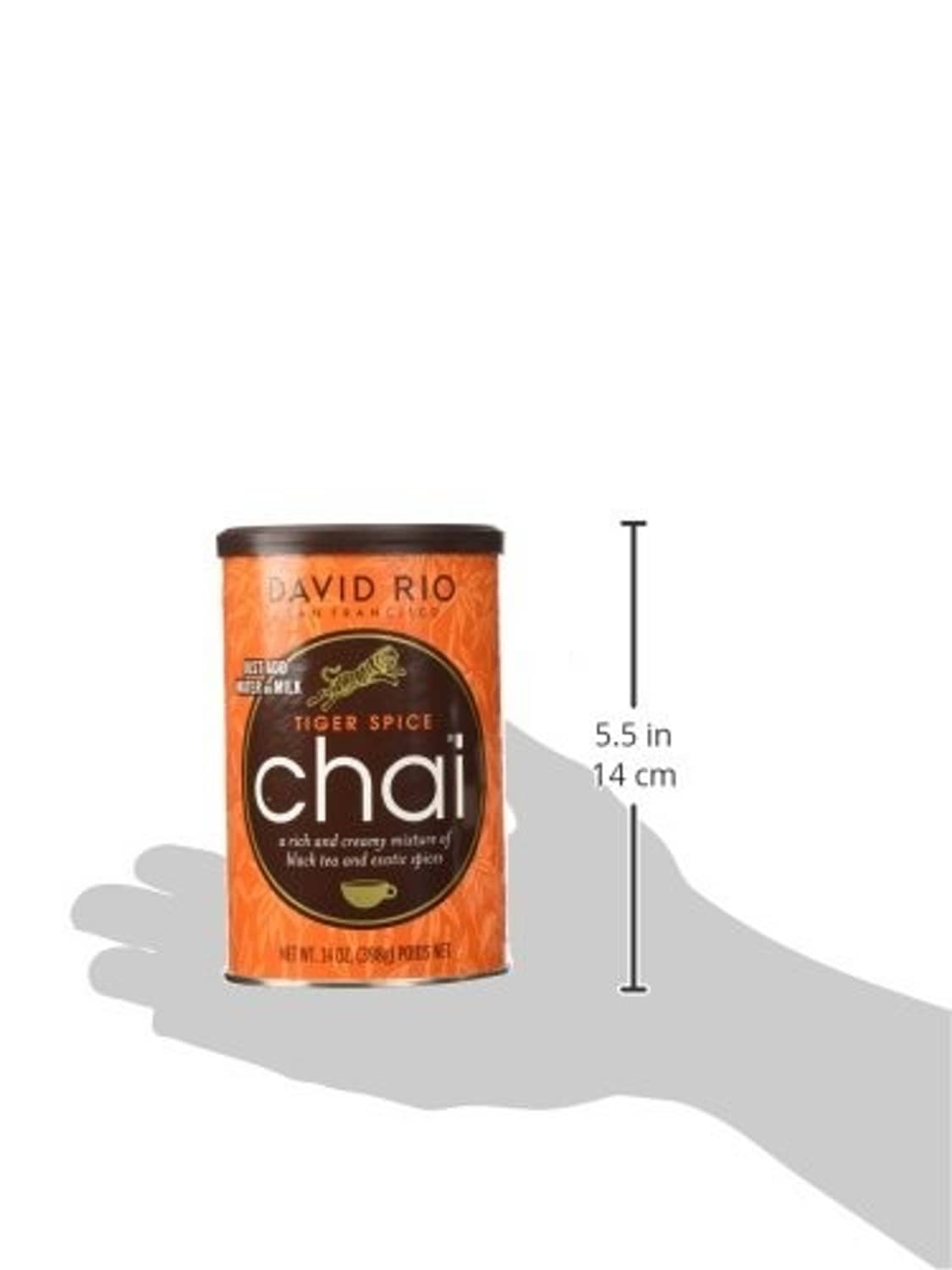David Rio Tiger Spice chai tea canister, orange label shown with 5.5 in height marker