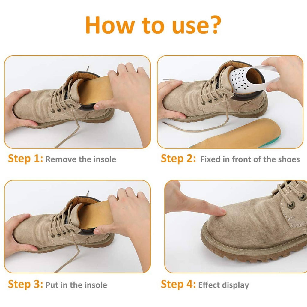 Shoe crease protector being placed inside a sneaker, showing vented curved insert.