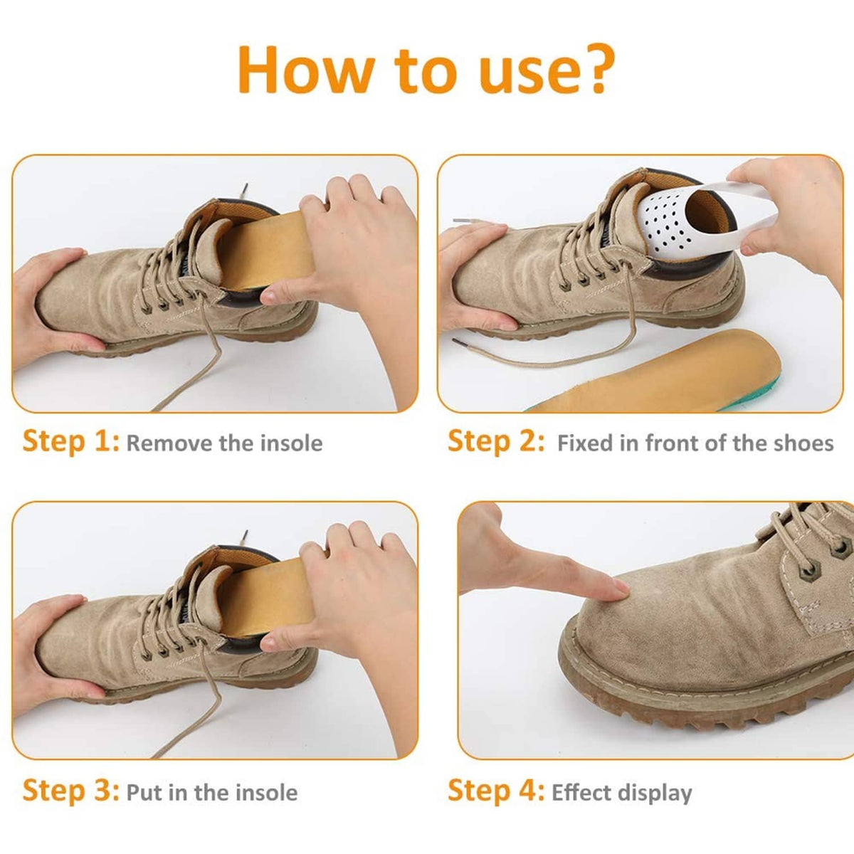 Shoe crease protector being placed inside a sneaker, showing vented curved insert.