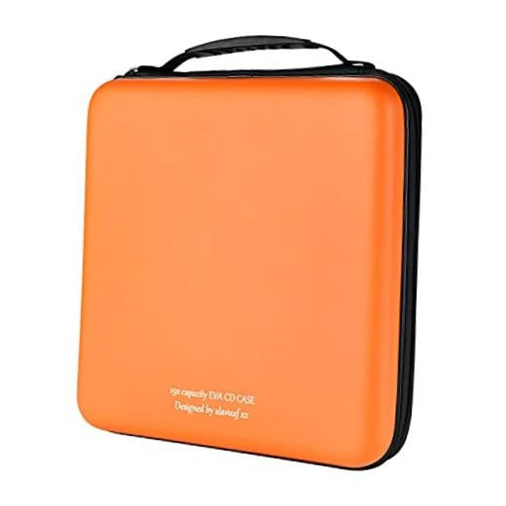 Orange EVA CD disc wallet with black zipper, protective hard case for storage