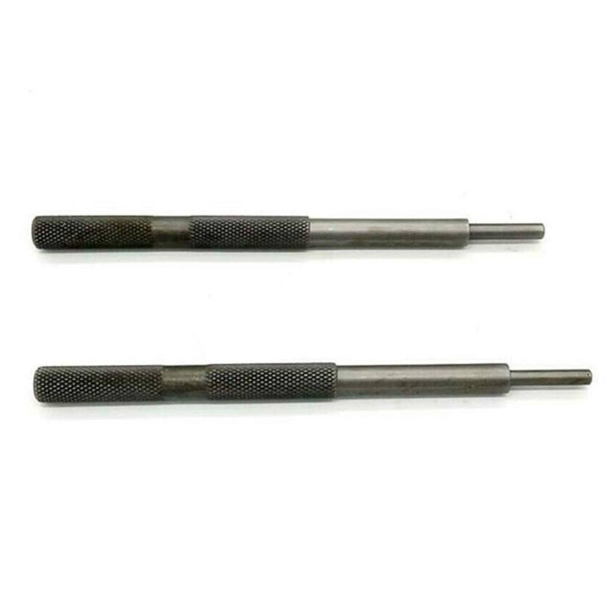 Two valve guide remover tools with knurled handles and pointed ends, dark metal
