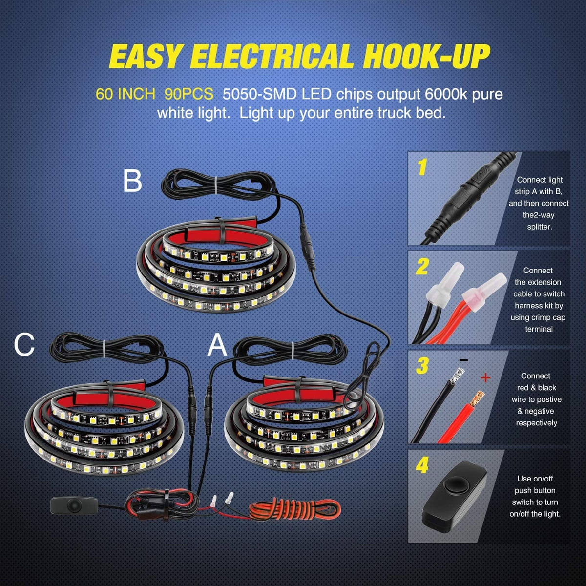 LED strip power hook-up set with cables, splitters, and connector ends.