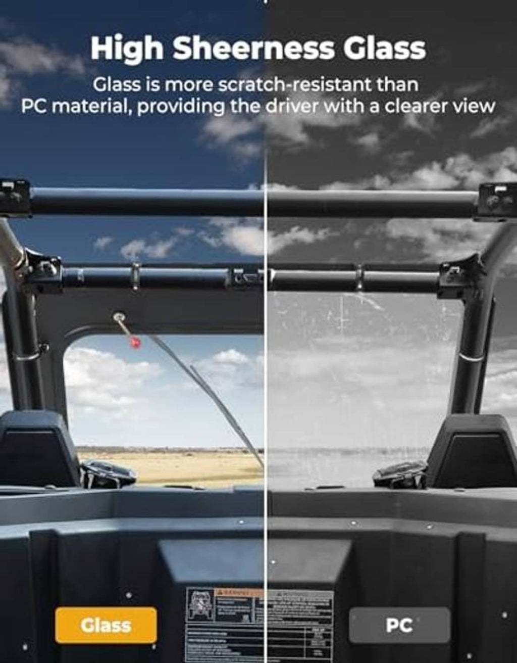 Black glass windshield with wiper arm and mounting posts