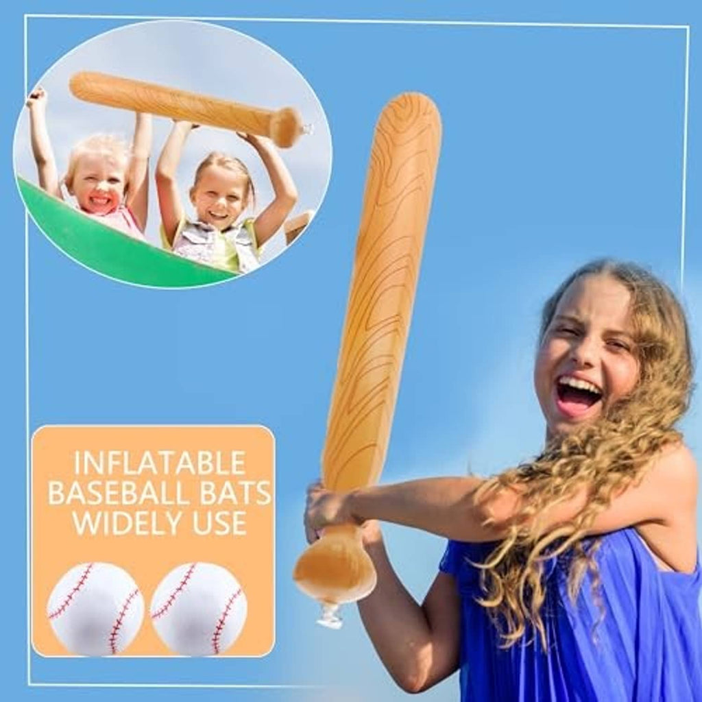 Orange inflatable baseball bat with white baseballs featuring red stitched seams for pool play