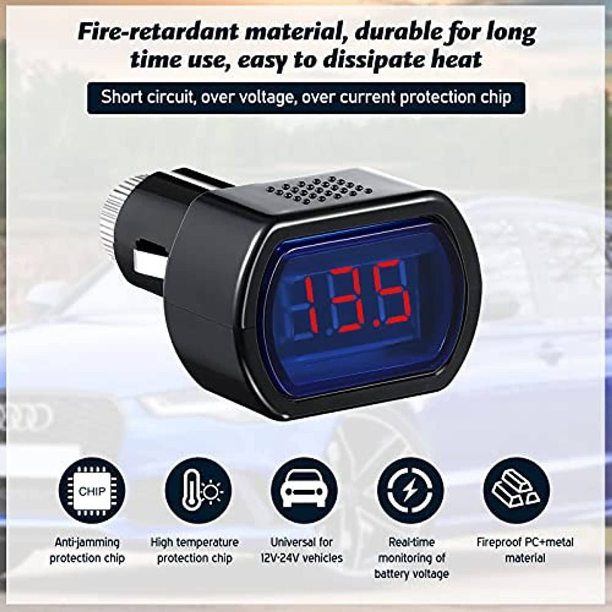 Digital car voltmeter front view with blue LED window and red voltage digits