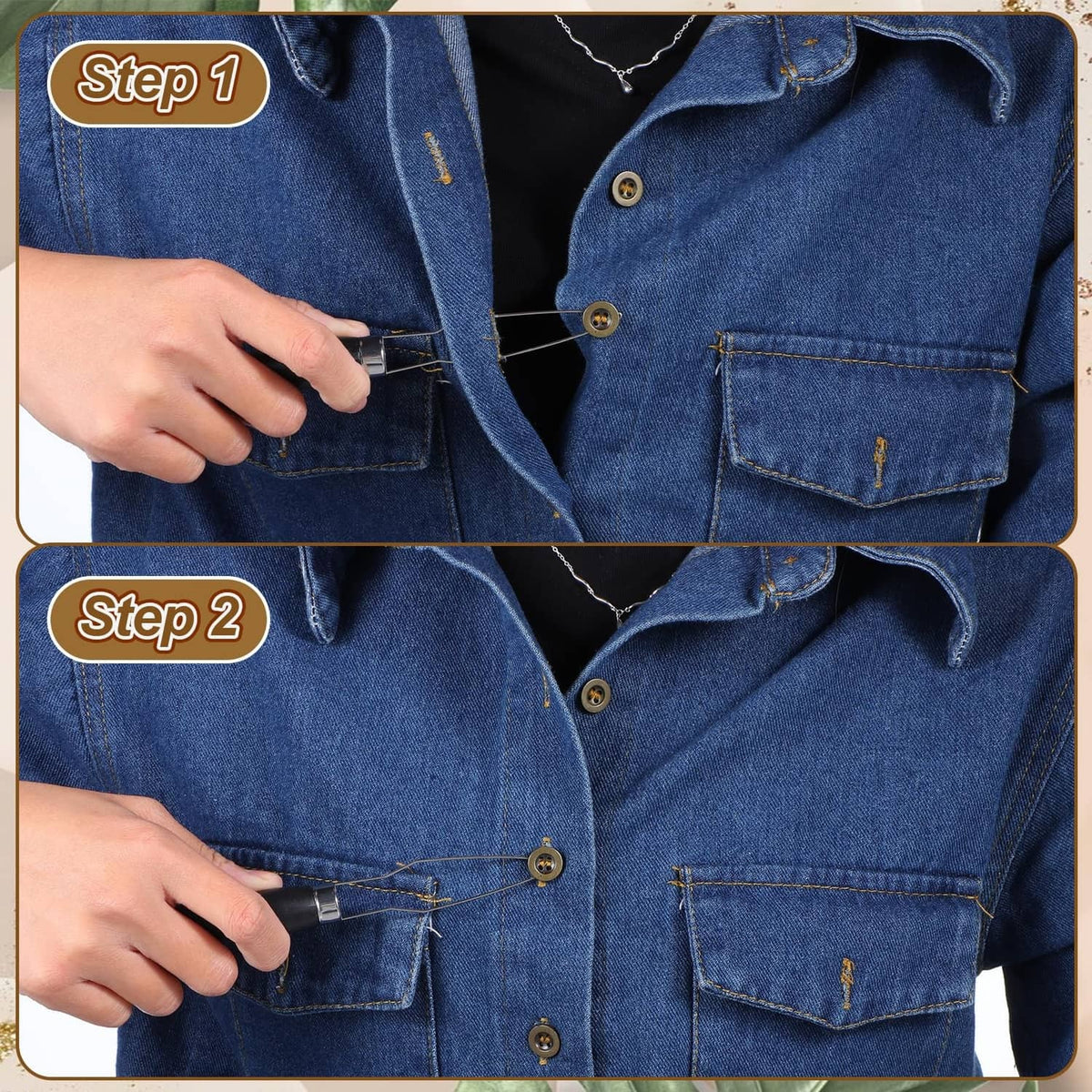 Button hook helper tool used on blue jeans fabric, metal tip for pulling buttons