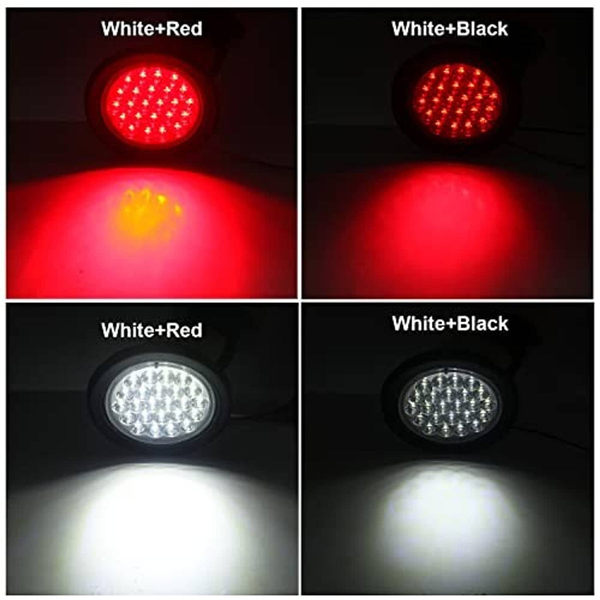 Four round LED light units showing red and white illumination through lenses
