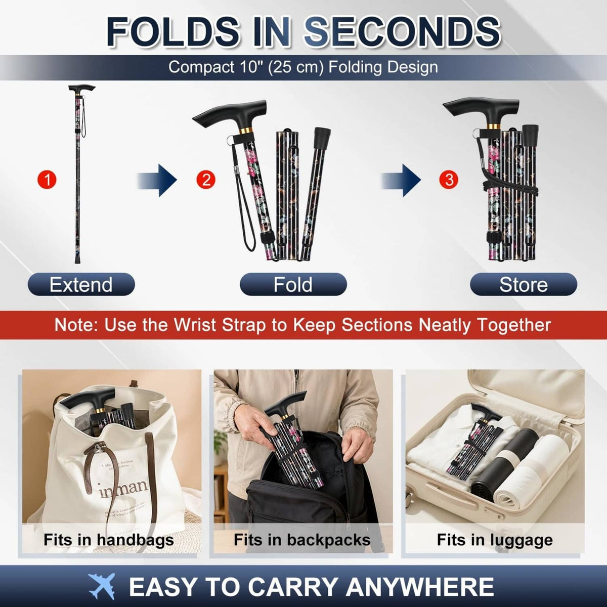 Black floral folding cane with wrist strap, compact fold for storage