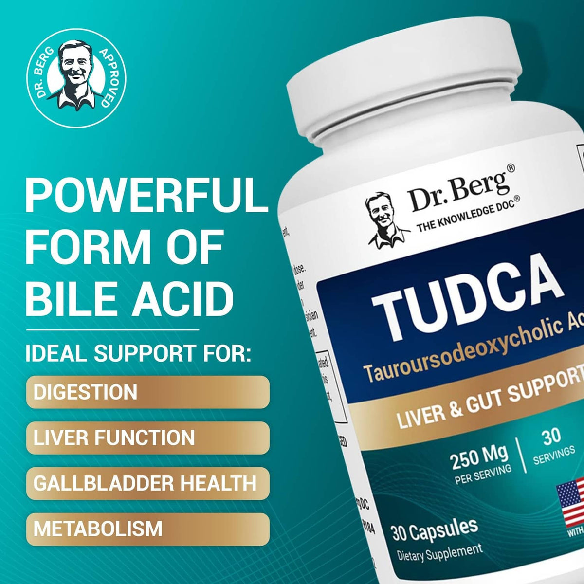 Dr. Berg TUDCA supplement bottle with 250 mg per serving, 30 servings