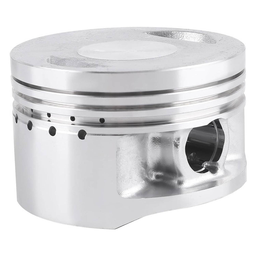 Silver piston with ring grooves and side cutout, angled close-up