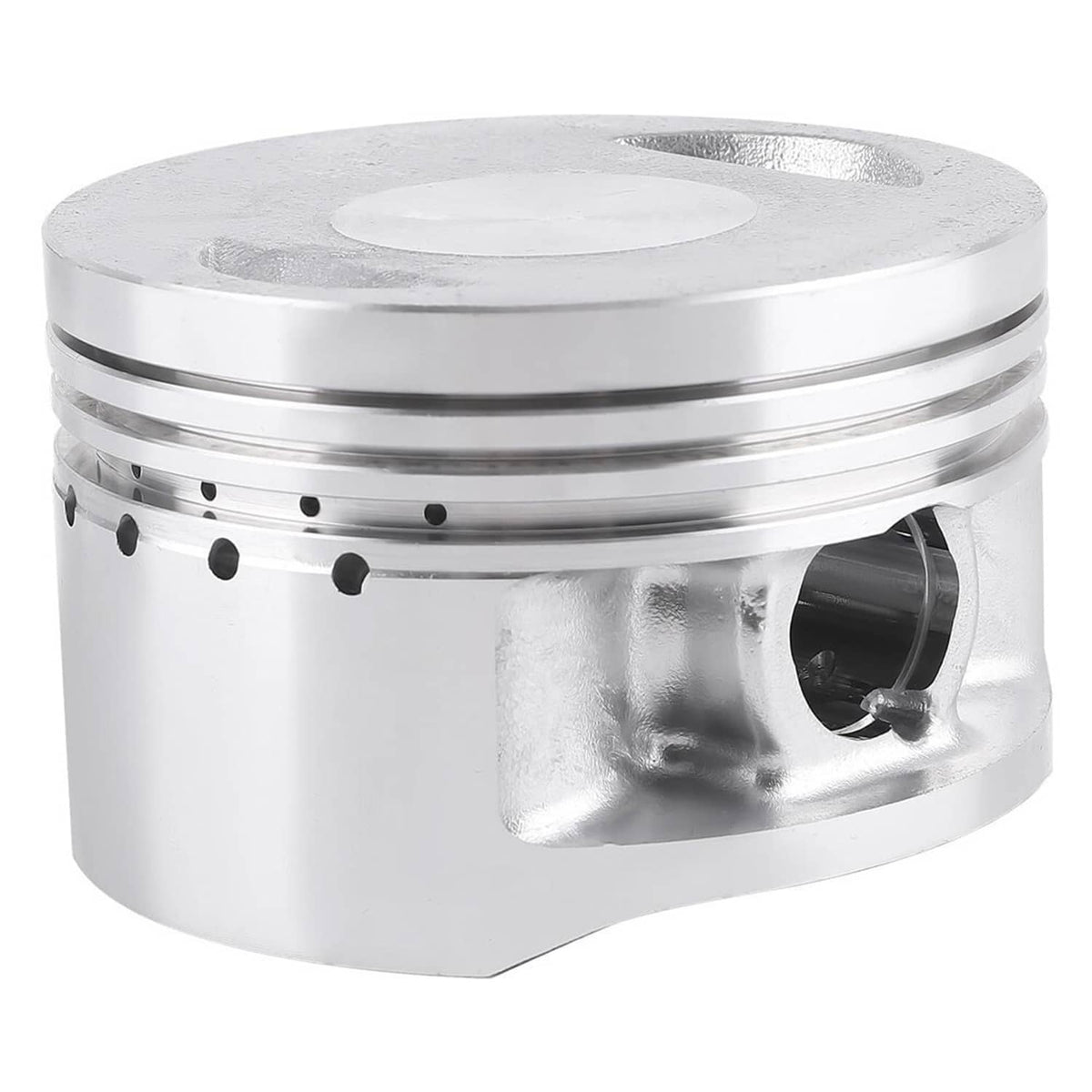 Silver piston with ring grooves and side cutout, angled close-up