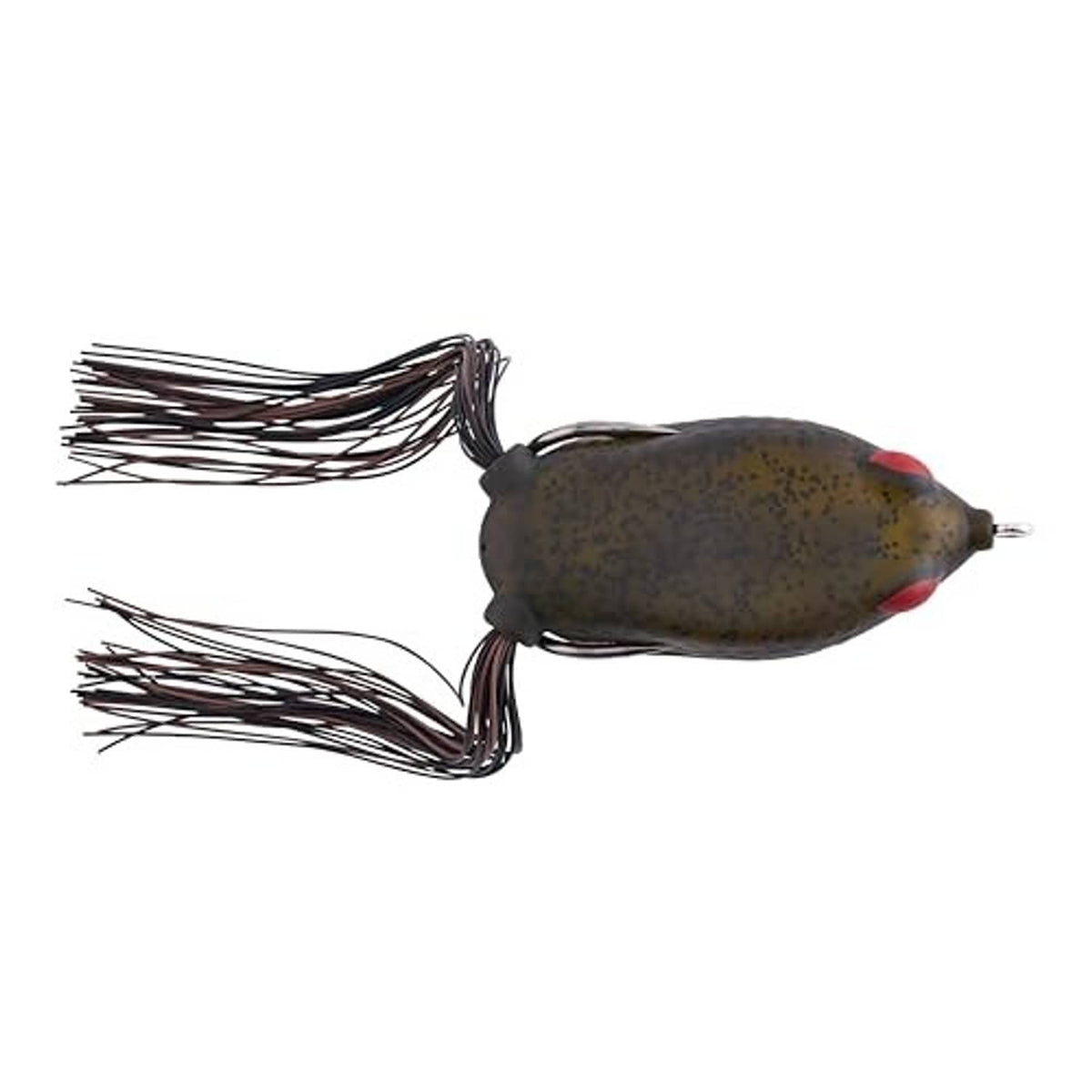 Dark camo frog lure with red eye, two-tier skirt strands and metal hook on nose