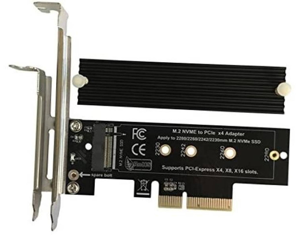 M.2 NVMe to PCIe x4 adapter card with black ridged heatsink and full-height bracket