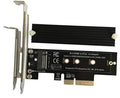 M.2 NVMe to PCIe x4 adapter card with black ridged heatsink and full-height bracket