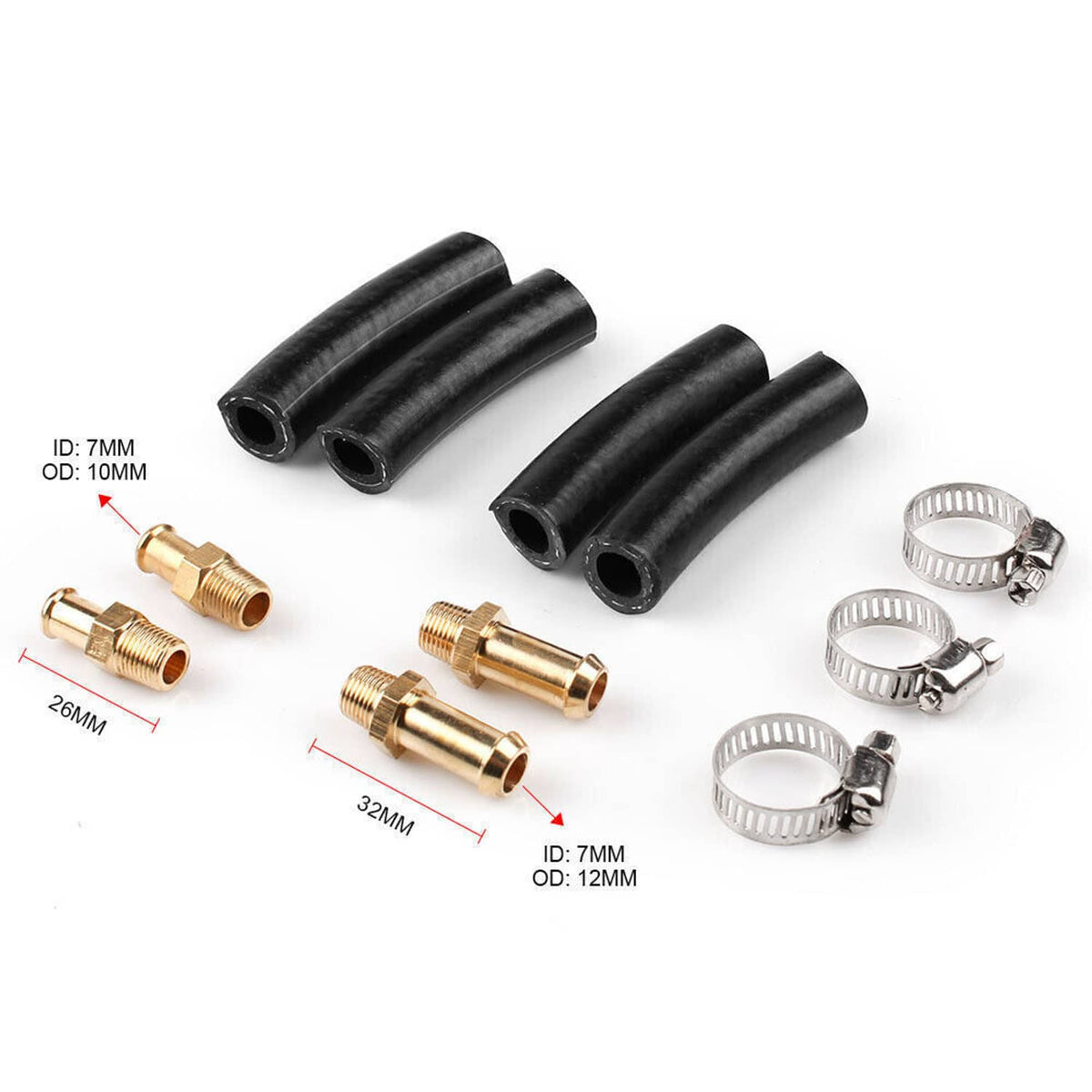 Black fuel hoses and brass barbed fittings set with metal hose clamps