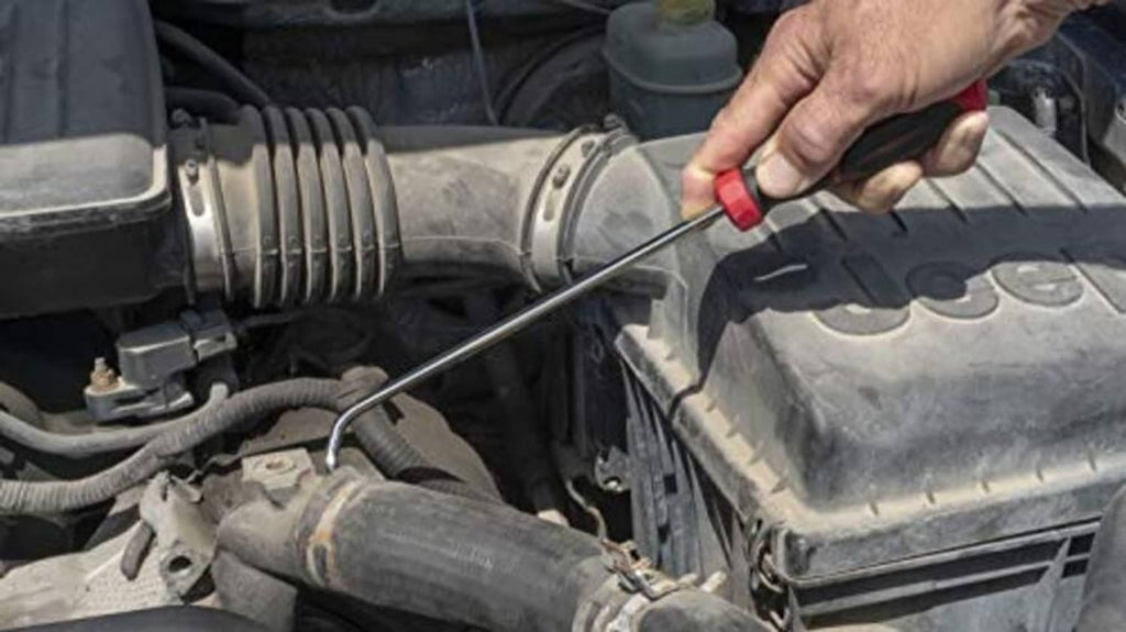 Automotive radiator hose removal spoon tool with long metal hook and red-black handle