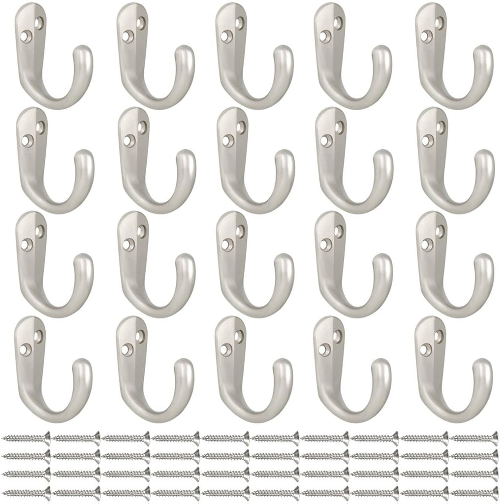 IBosins wall hooks 20-pack, silver single-prong hooks and included screws