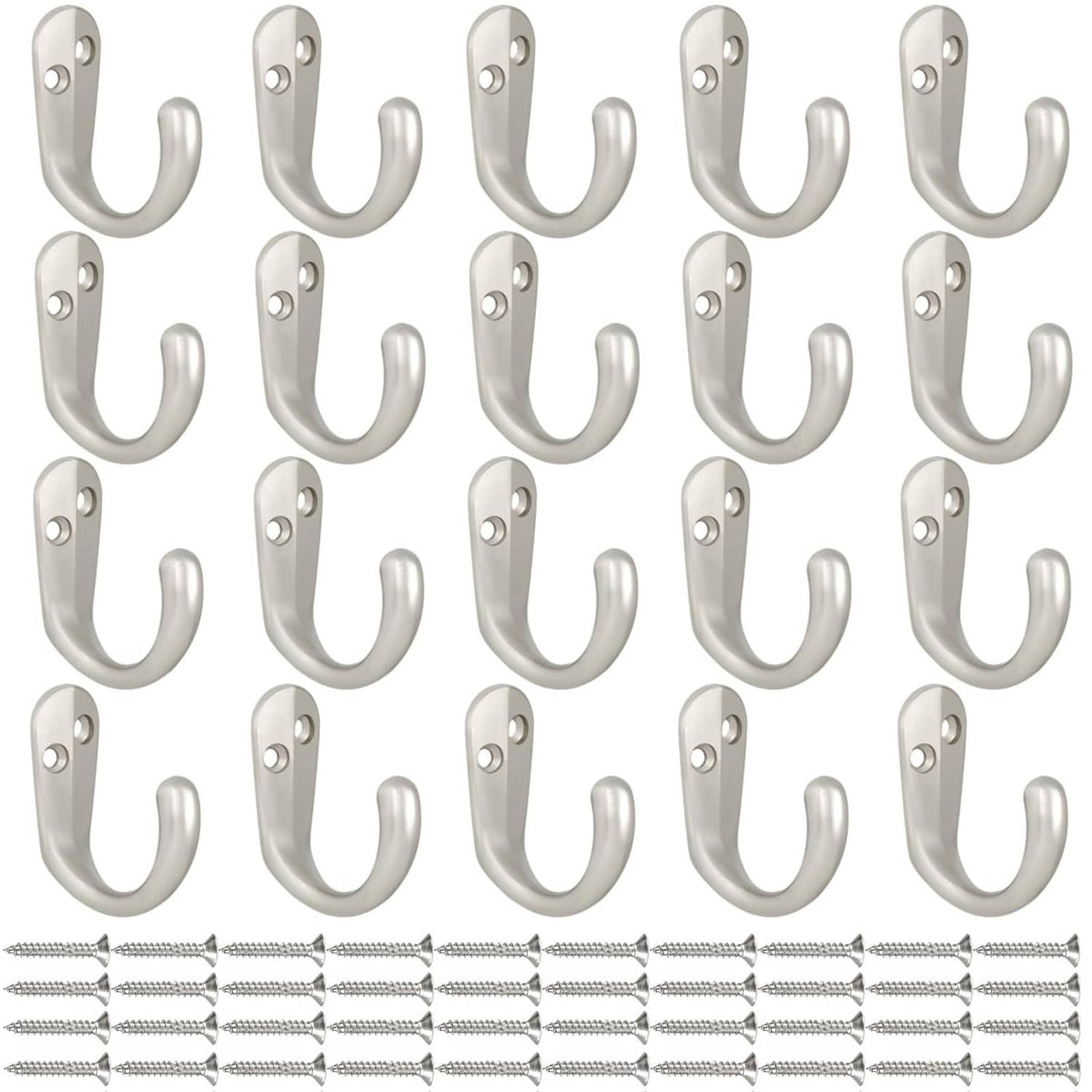 IBosins wall hooks 20-pack, silver single-prong hooks and included screws