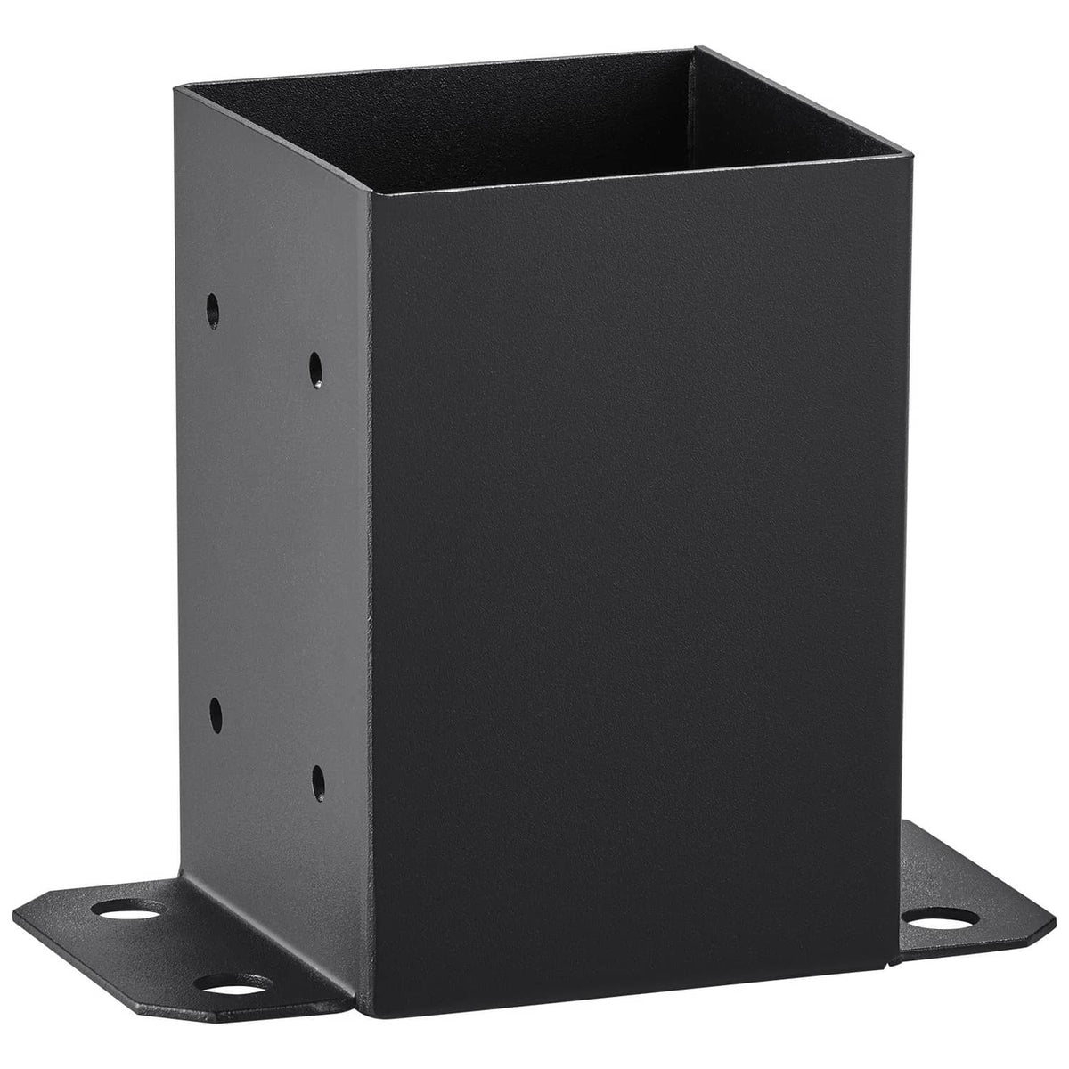 Black steel fence post base bracket, side holes and flat mounting feet