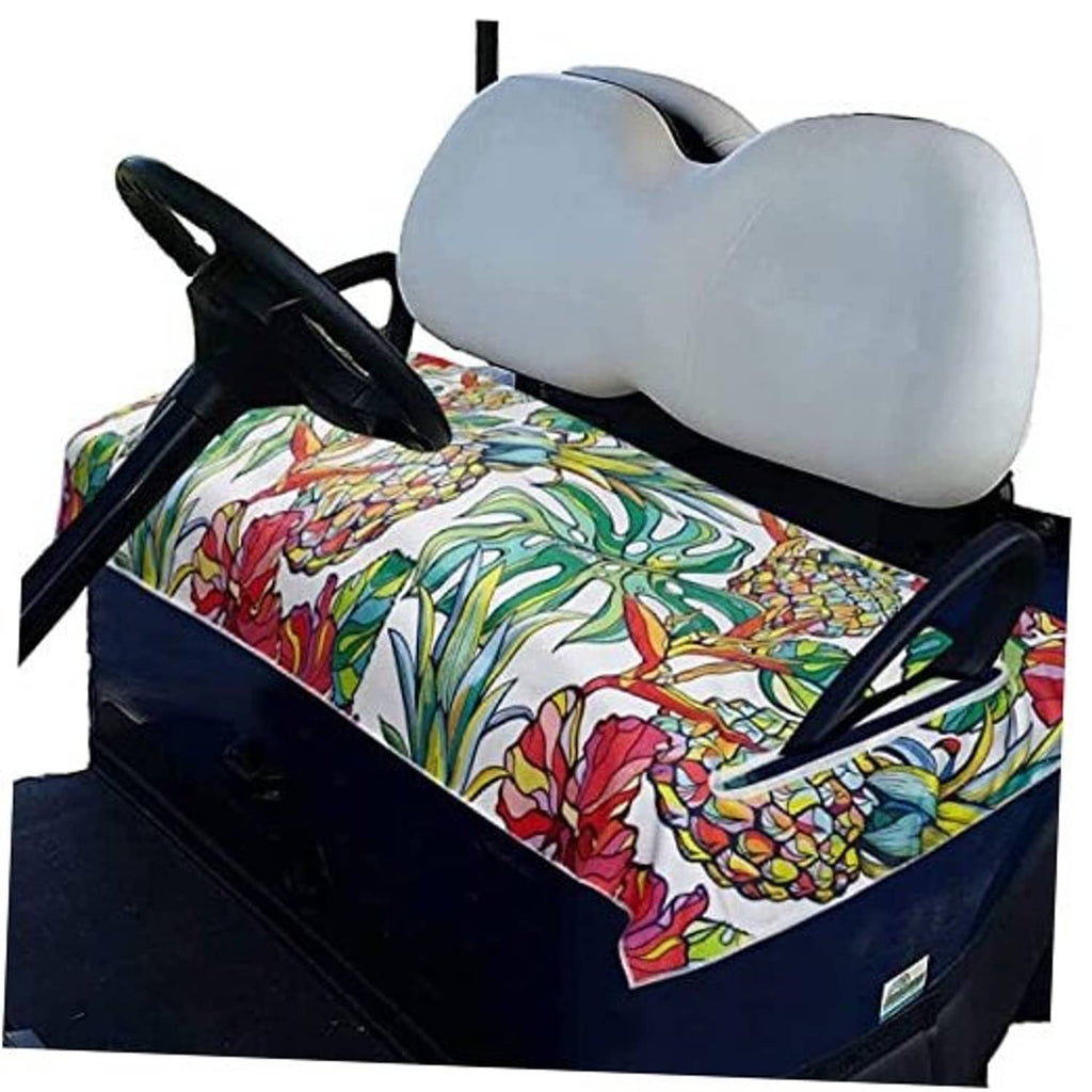 Golf cart seat cover set: gray headrest, colorful floral seat cushion