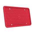 Red silicone license plate frame with corner round edges and mounting holes